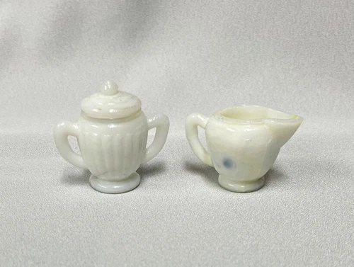 2 pc EAPG Milk Glass Victorian Childs Toy Tea Set Ribbed Creamer and Sugar RARE