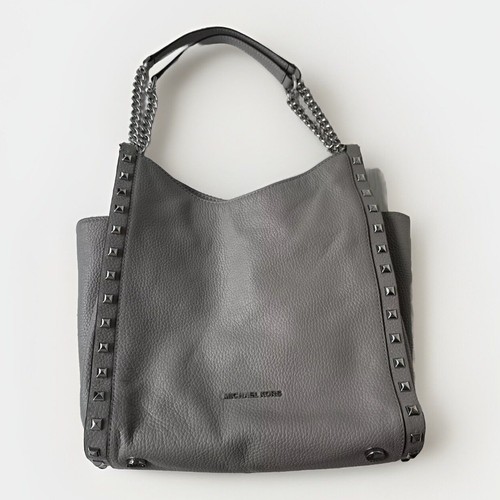 Michael Kors Newbury Silver Studded Gray Pebble Leather Chain Shoulder Bag Tote - Picture 14 of 16