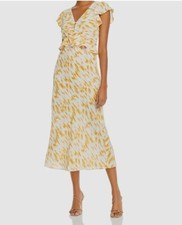 $128 Rahi Women's Yellow Marble Print Ruffle Short Sleeve Midi Dress Size Small