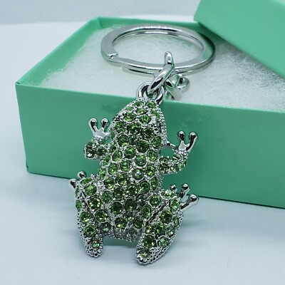 Jeweled Frog Key Chain Crystal Key Ring Green Peridot Colored 3 1