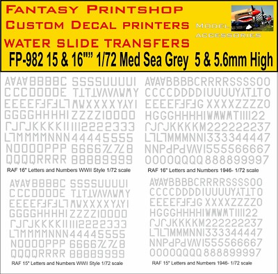 RAF 15'' BUCHSTABEN ZAHLEN WASSERSCHIEBE TRANSFER MODELLE KIT DECALS FP-982 GRAU 1/72