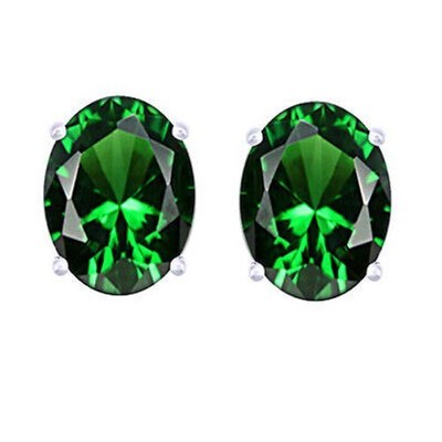 Oval Simulated Green Emerald Solitaire Stud Earrings 14k White Gold