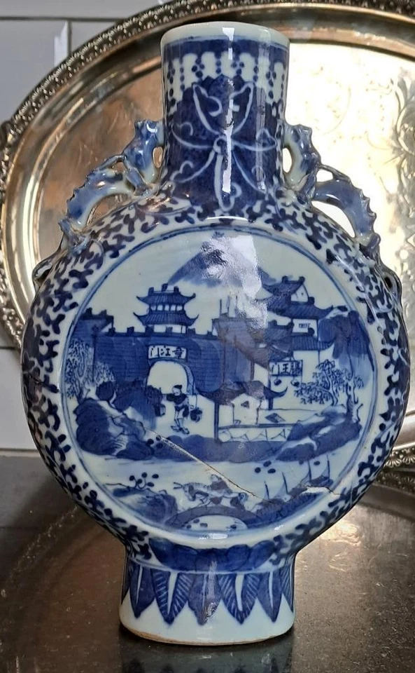 Impressive 19th C Chinese Blue & White Hand Painted Landscape Moon Flask C 1800+ - Image 3 of 4