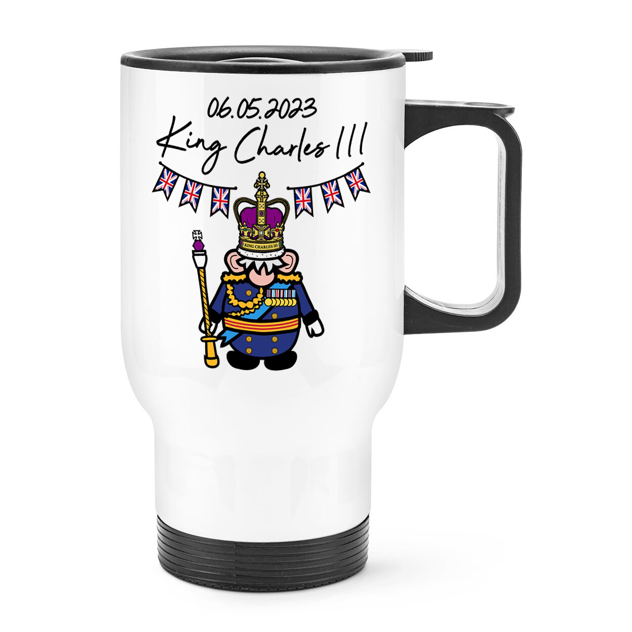 Gonk King Charles III Travel Mug Cup Handle King's Coronation Emblem Funny Gnome
