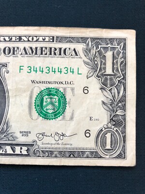 BINARY - 34434434 - $1 (ONE DOLLAR) 2013 FANCY SERIAL NUMBER