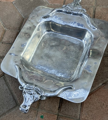 Handmade Mexican Large Square Aluminum Tray Bull Handles Platter 13" - Picture 4 of 14