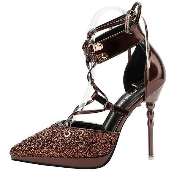 Summer Womens Pointed Toe Stiletto High High High Heel Cross Strap Paillette Leather shoes 5115e9 Summer Womens Pointed Toe Stiletto High High High Heel Cross Strap Paillette Leather shoes 5115e9