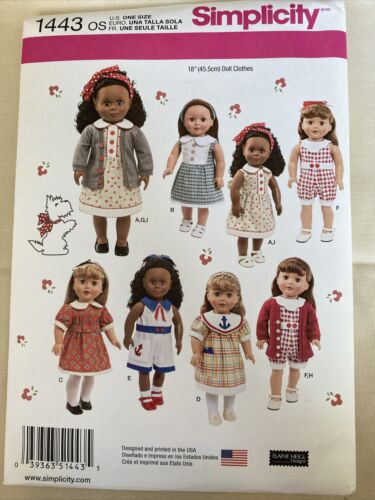 Simplicity 1443 18” Doll Clothes Sewing Pattern - Uncut - Picture 1 of 3