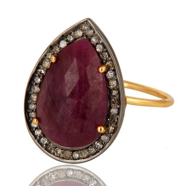 Natural Ruby Gemstone Pave Diamond 14K Yellow Gold Stackable Ring Jewelry - Image 2 of 4