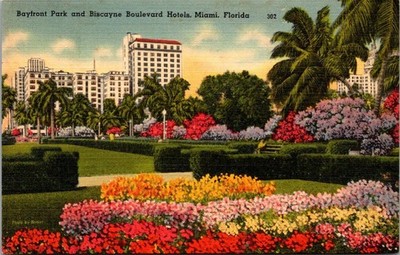 Bayfront Park Biscayne Boulevard Hotels Miami Florida Linen Postcard Tichnor B56