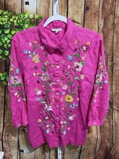 John Mark Boho Embroidered Linen Blouse Size Large Pink M-4