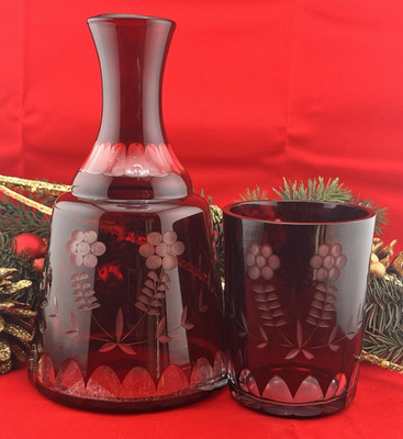 Bohemian Ruby Red Cut to Clear Glass Tumble Up Bedside Decanter w Tumbler