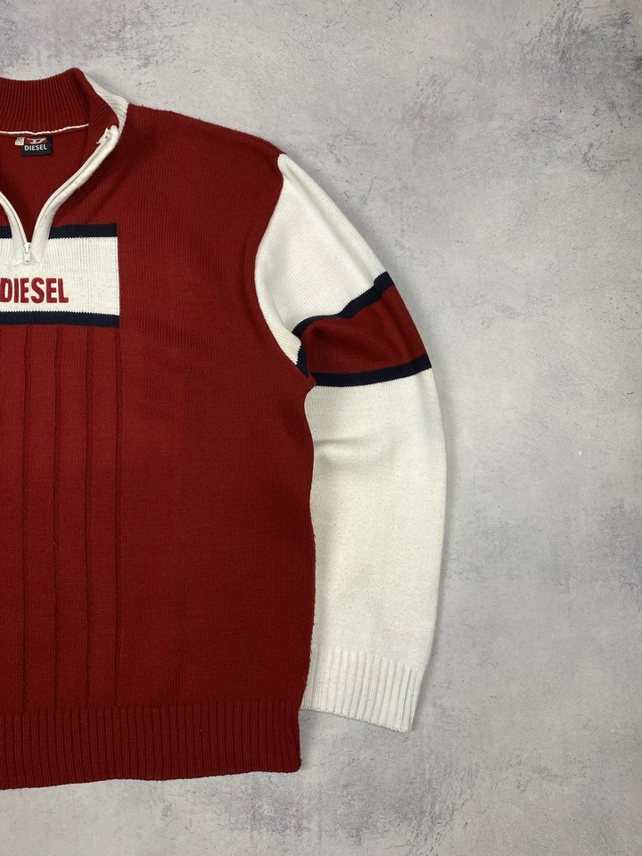 Vintage 90s Diesel Big Logo 1/4 Zip Knit Sweater Jumper Y2K Red  Men's Size XL - Image 3 of 4