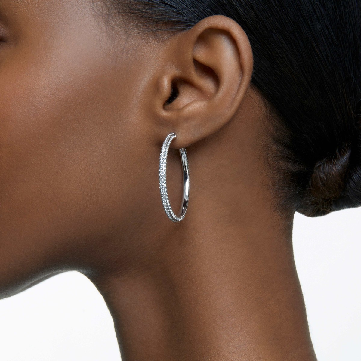 Swarovski Stone Hoop Earrings, Pavé, Large, White, Rhodium Plated