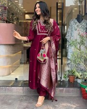 Women's Embroidered Indian Kurta Pant Set with Banarasi Dupatta Ethnic Suit
