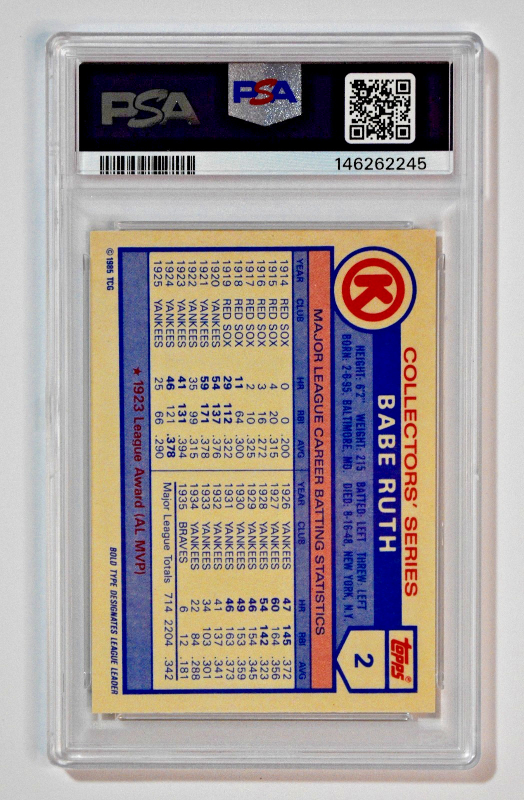 1985 Circle K Baseball #2 Babe Ruth PSA 5 EX view 2