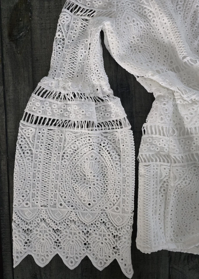 Очаровательный белый богемный бродерий английский комбинезон кружевной люверс с длинным рукавом XS - Изображение 3 из 4