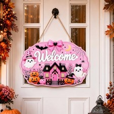 Halloween Welcome Sign for Front Door - Cute Pink Haunted House Wooden Hanging