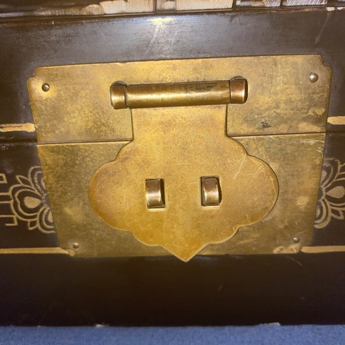 Antique Chinese Black Lacquered Jewellery Box, Overlaid, Jade/Soapstone, Floral. - Picture 4 of 11