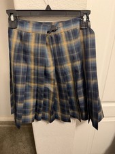 Girls Uniform Plaid Pleated Skirt Blue/Yellow Buckle Closure Size 12-14