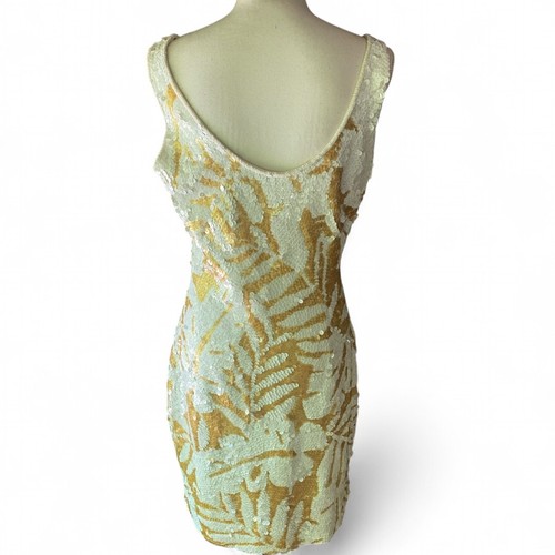 Carmen Marc Valvo White Gold Sequined Bodycon Mini Dress VTG L glam sleeveless - Picture 3 of 15