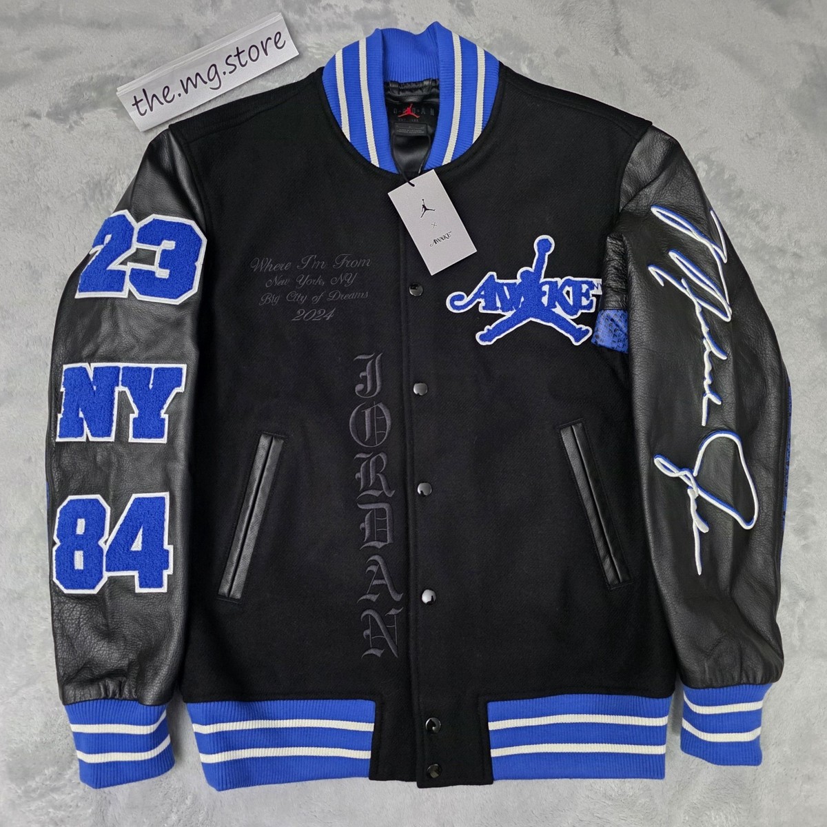 Jordan x Awake NY Black/Blue Varsity Leather / Wool Jacket FQ5439
