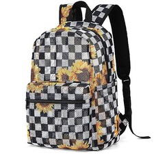 Mesh Backpack for Girls, Kids Semi-Transparent School Checkered Sunflower