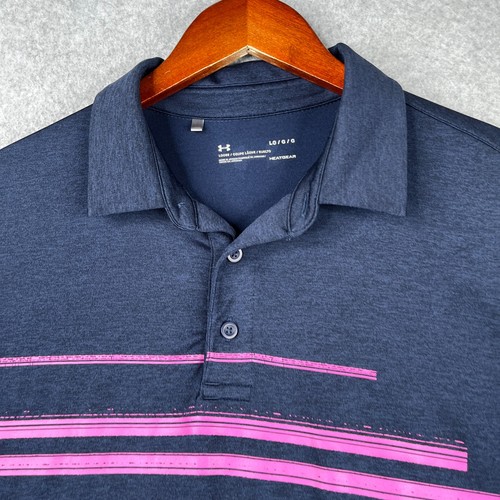 Under Armour Heatgear Polo Shirt Mens Large Navy Blue Purple Striped Stretch - Photo 2 sur 8