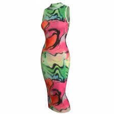 Neon Abstract Bodycon Dress, Mock Nk, Strappy Sleeveless, Midi, New w Tags