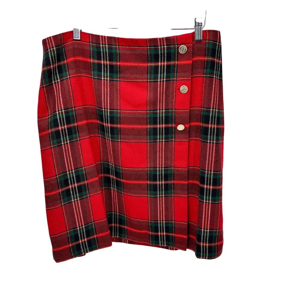 Falda Talbots Mujer 12 (34x21 ACTUAL) Roja Verde Cuadros Dorado Detalle Botón Forrada Foto 2 de 4