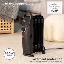 Russell Hobbs 650W Oil Filled Radiator Heater 5Fin Portable- Built-in Thermostat