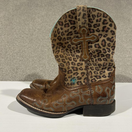 Ariat Boots Teens AU 1.5 Brown Leather Leopard Cross Cowgirl Western Mid Calf