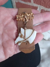 ANTIQUE VICTORIAN GOLD FILLED WATCH CHAIN CARVED MOTHER OF PEARL HORSE HEAD FOB
