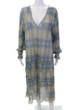 Zara Womens Textured Metallic Printed V-Neck Long Sleeve Dress Blue Size M