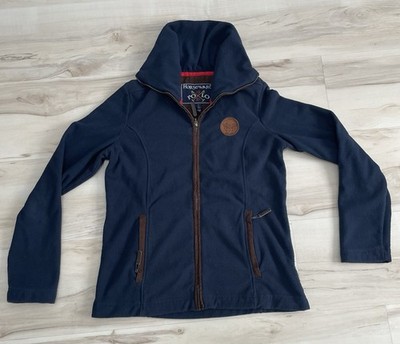 Horseware Women s L Fleece Jacket Navy Blue Brown Trim Full Zip Equestrian Polo
