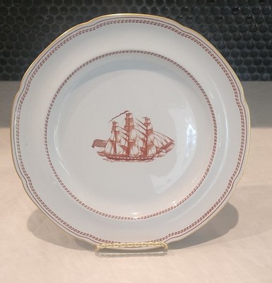 Tradewinds Brick Red Ship White Gold 10'' COPELAND China Decorative Plate w Stand