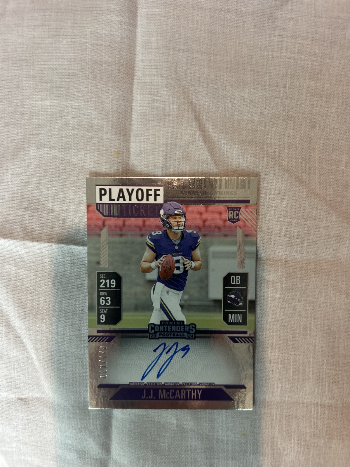 2024 Panini Contenders J.J. McCarthy Playoff Ticket Variation Auto RC /149