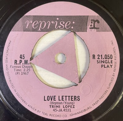 Trini Lopez Love Letters Vinyl Record 7  45 RPM R 21.050 Reprise 1967 SA