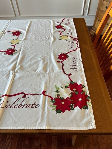 Christmas White with Poinsettias Oblong Tablecloth Noel Peace Miracle Joy - Picture 7 of 9