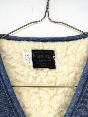Vintage 60s Sears Roebuck Denim Shearling Vest Mens Large Blue USA Made Snap Up - Picture 6 of 16