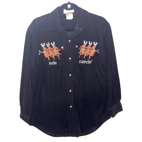 Vtg Womens Top Size Small Rein Dancin’ Black Corduroy Christmas Button Down - 第 1/7 張圖片
