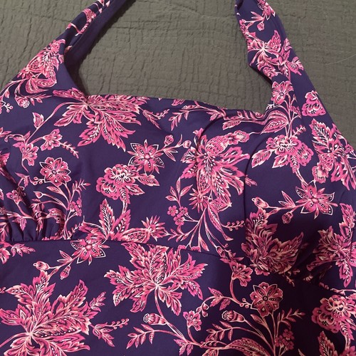 Land’s End Womens Swimsuit Tankini Pink Purple Flora Jamberry 12 Square Halter - Picture 2 of 4