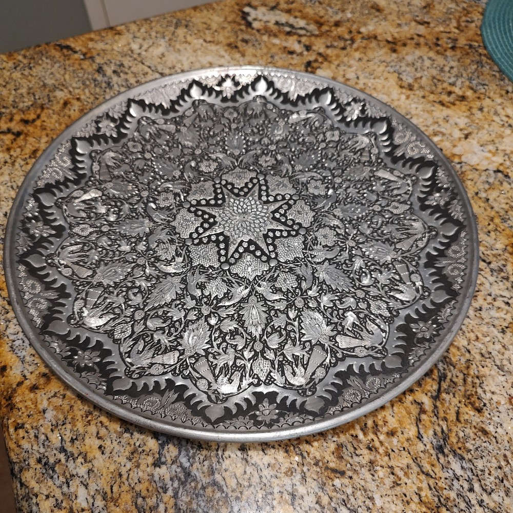 Vintage Middle Eastern Round Silver Tray Floral Design - Thumbnail 4