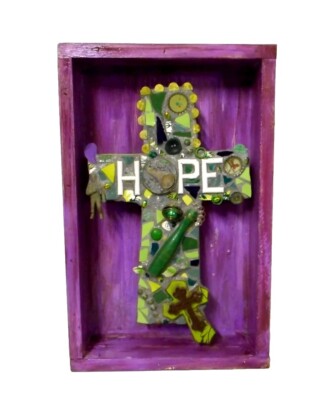  Assemblage  Cross Wall Art Purple Green Hope Mixed Media Collage Sculpture 