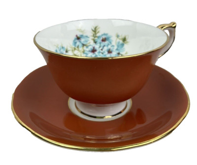 Aynsley Cup and Saucer Vintage Rust Colored with Blue Flowers Inside, Gold Trim