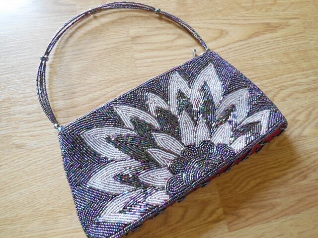 NEW Women Purple Beaded Glitter Satchel Bag Flower Lotus Made in USA