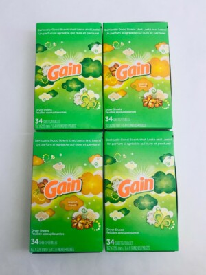 Lot of 4 Gain Dryer Sheets Fabric Soft, Original/Island Fresh, 34 Ct (136 Total)