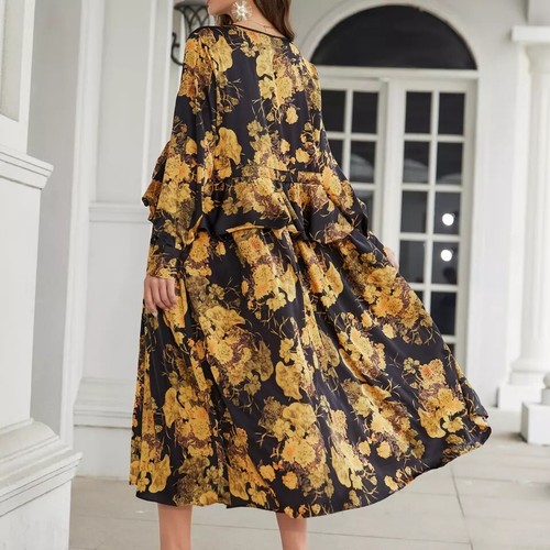 Maya Antonia Fall Dress Black/Gold Yellow Loose-Flowy Midi/Maxi Dress/Pockets - Picture 3 of 6