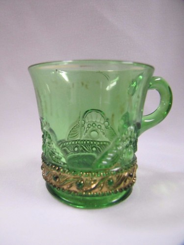 Antique Green Glass Mug MILAN MICHIGAN Souvenir Cup EAPG Lacy Medallion Pattern