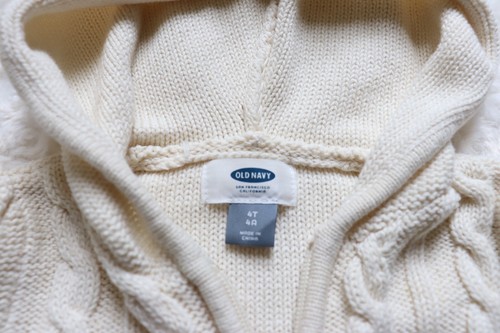 Old Navy 3D Cable Knit Zip Up Hoodie Sweater. Supreme Cream Color 100% Cotton 4T - Picture 2 of 7